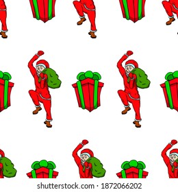 Vector illustration. Seamless santa claus and gift pattern on a white background. Design element for poster, banner, clothes.
