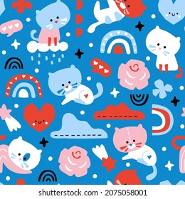 Ilustración vectorial de un patrón escandinavo sin soldadura con nubes coloridas, gatos y arcos para telas para niños, fondo, fondo, papel envolvente 