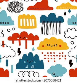Vector illustration of seamless scandinavian pattern with colorful clouds for kids fabrics, backdrop, background, wrapping paper 