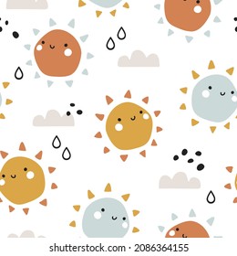 Vector illustration of seamless scandinavian pattern with colorful suns for kids fabrics, backdrop, background, wrapping paper 