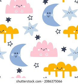 Vector illustration of seamless scandinavian pattern with colorful stars,clouds,moons for kids fabrics, backdrop, background, wrapping paper 