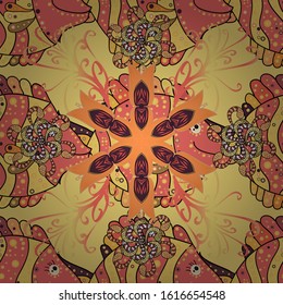 Vector illustration. Seamless scene with colorful fish swimming underwater illustration. Fishes on orange, yellow and pink colors.