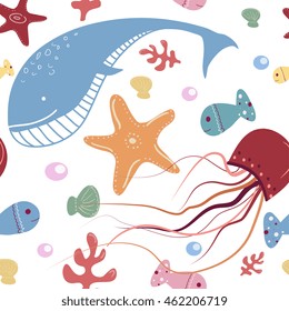 Vector illustration of seamless with sea animals on a white background.
