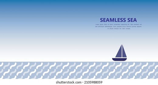 Vector illustration of seamless sea with blue sailboat on clear blue skyline background in cartoon flat style.