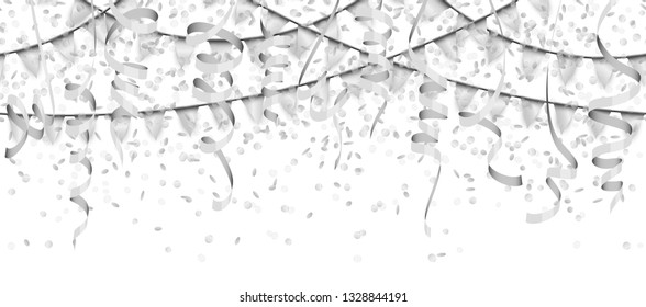 vector illustration of seamless silver colored confetti, garlands and streamers on white background for party or carnival usage