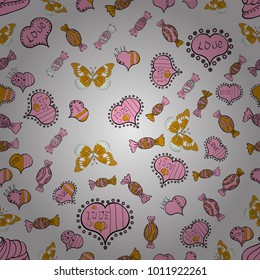 Vector illustration. Seamless Sixties style mod pop art psychedelic colorful Love text design. Cute hearts love on gray, pink and yellow colors on nice background.