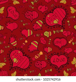 Vector illustration. Seamless Sixties style mod pop art psychedelic colorful Love text design. Cute hearts love on red, black and yellow colors on nice background.