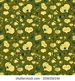 Vector illustration. Seamless Sixties style mod pop art psychedelic colorful Love text design. Cute hearts love on green, yellow and black colors on nice background.