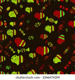 Vector illustration. Seamless Sixties style mod pop art psychedelic colorful Love text design. Cute hearts love on gray, red and green colors on nice background.