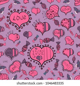 Vector illustration. Seamless Sixties style mod pop art psychedelic colorful Love text design. Cute hearts love on neutral, pink and black colors on nice background.