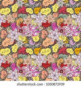 Vector illustration. Seamless Sixties style mod pop art psychedelic colorful Love text design. Cute hearts love on neutral, beige and black colors on nice background.