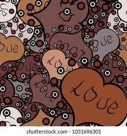 Vector illustration. Seamless Sixties style mod pop art psychedelic colorful Love text design. Cute hearts love on brown, black and beige colors on nice background.