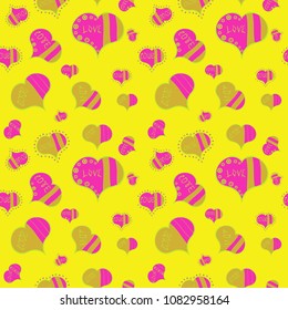 Vector illustration. Seamless Sixties style mod pop art psychedelic colorful Love text design. Cute hearts love on yellow, magenta, green, pink and beige colors on nice background.