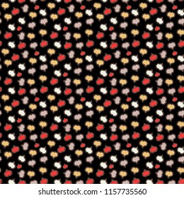 Vector illustration. Seamless Sixties style mod pop art psychedelic colorful Love text design. Cute hearts love on black, neutral and red colors on nice background.