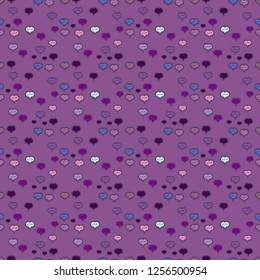 Vector illustration. Seamless Sixties style mod pop art psychedelic colorful Love text design. Cute hearts love on purple, violet and black colors on nice background.