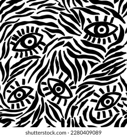 Vector illustration of seamless skin zebra pattern with  elements eyes. 
 Stylized animal fur with drawing  eyes, vector background for Fabric design, wrapping paper, textile and wallpaper.
