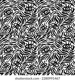 Vector illustration of seamless skin zebra pattern with  elements eyes. 
 Stylized animal fur with drawing  eyes, vector background for Fabric design, wrapping paper, textile and wallpaper.