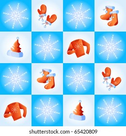 Vector illustration of seamless with snowflakes and festive winter clothes