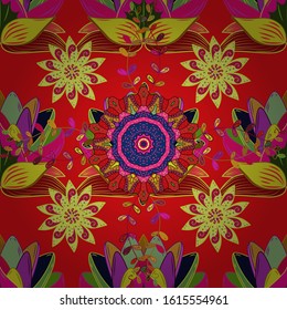 Vector illustration. Seamless spring pattern with little flowers. On yellow, red and magenta colors in watercolor style.