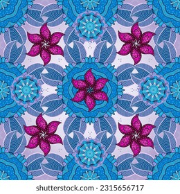 Vector illustration. Seamless spring pattern with little flowers. On blue, neutral and gray colors in watercolor style.