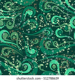 Vector illustration of seamless square green curly pattern for print with splashes