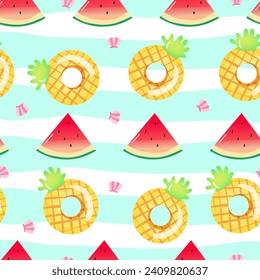 Vector illustration. Seamless summer pattern with hand drawn beach background elements such as watermelon, sunglasses, flowers, hat, pineapple, clouds.