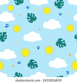 Vector illustration. Seamless summer pattern with hand drawn beach background elements such as watermelon, sunglasses, flowers, hat, pineapple, clouds.