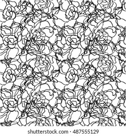 Vector illustration. A seamless surface with picturesque exotic flowers. A flower pattern with roses. Fashionable fabric for design of cotton, silk, packaging. black-and-white graphics for wall-paper 