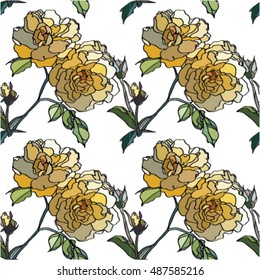 Vector illustration. A seamless surface with picturesque exotic flowers. A flower sample with roses. Fashionable fabric for design of cotton, silk, packing paper. A background with yellow roses.