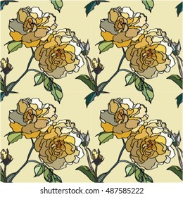 Vector illustration. A seamless surface with picturesque exotic flowers. A flower sample with roses. Fashionable fabric for design of cotton, silk, packing paper. A background with yellow roses.