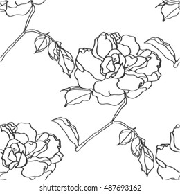 Vector illustration. A seamless surface with picturesque exotic flowers. A flower sample with roses. Fashionable fabric for design of cotton,  packing paper.Black-and-white graphics for wall-paper 