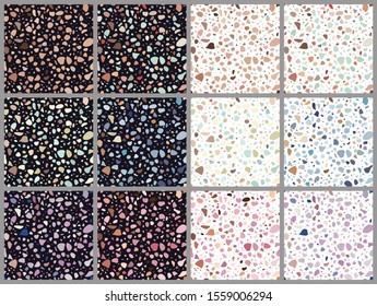 Vector illustration. Seamless terrazzo pattern in 12 color variations on white and dark background. Trendy modern design. Set of endless textures.