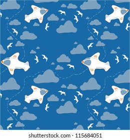 Vector illustration. Seamless texture with airplanes, clouds and birds./ Airplanes vintage.