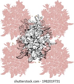 vector illustration seamless texture of of a bouquet of alstroemeria flowers, vector graphic monochrome and pink illustration, botanical sketch for postcard, posters, notebooks.	
