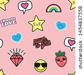 Vector illustration of seamless texture with cute kawaii patches drawn in anime style isolated on pink background. Star, comics cloud with heart, berry, lettering choose love, power to girls, smileys