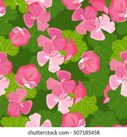 Vector illustration. Seamless texture with flowers and leaves of geraniums.
