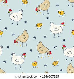 Vector illustration of seamless texture with funny crazy cartoon sketch hand drawn grain pecking chickens in the courtyard, poultry house, chicken coop, Cock-A-Doodle-Doo! svg