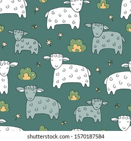 Vector illustration - seamless texture with funny sheep, lambs and hand drawn elements on white background. Drawing with line-art. Texture for textiles, packaging, wallpaper, clothing. 