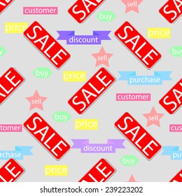 Vector illustration of a seamless texture with inscriptions sale.