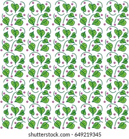 Vector illustration of a seamless texture with a picture of a bindweed with cuttings of green and lilac flowers between them with a yellow center on a white background.