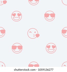 Vector illustration of seamless texture with pink smileys with different emotions on their faces, kawaii emoji in anime style isolated on grey background, fashion texture for clothes, fabric, paper