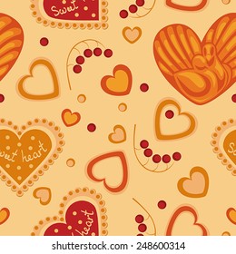 vector illustration seamless texture with sweets and biscuits in the shape of a heart on a beige background