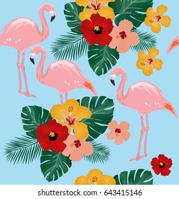 vector illustration of seamless tropical background with flamingos, pink tropical hibiscus flowers.