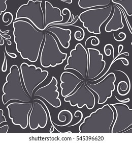 Vector illustration. Seamless vector tropical design with hibiscus in gray colors. Pattern for summer fashion, interior, wallpaper. Exotic flowers in allover composition.