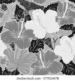 Vector illustration. Seamless vector tropical design with hibiscus in gray colors. Pattern for summer fashion, interior, wallpaper. Exotic flowers in allover composition.