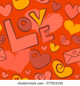 Vector illustration. Vector seamless Valentine in love doodle hand drawn pattern. Seamless design with hearts, letter, love text in yellow, brown and orange colors.