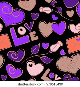 Vector illustration. Vector seamless Valentine pattern with different hearts. Abstract background in violet and pink colors on a black.