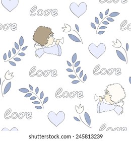 Vector illustration: seamless Valentine's background with cupids, hearts and flowers