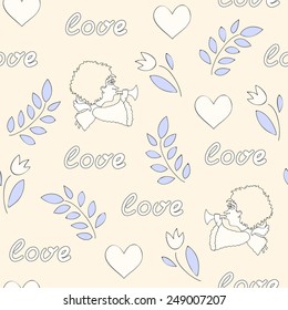 Vector illustration: seamless Valentine's background with cupids, hearts and tulips