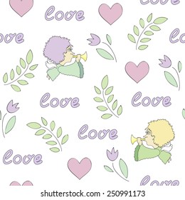 Vector illustration: seamless Valentine's background with cupids, hearts and flowers 